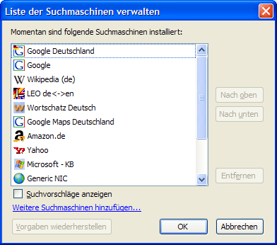 Dialog: Liste der Suchmaschinen