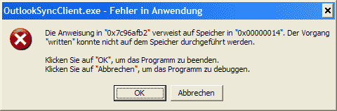 OutlookSyncClient.exe - Fehler in Anwendung (Fehlermeldung beim Synchronisieren des iPhones über iTunes mit Outlook 2003 unter Windows)